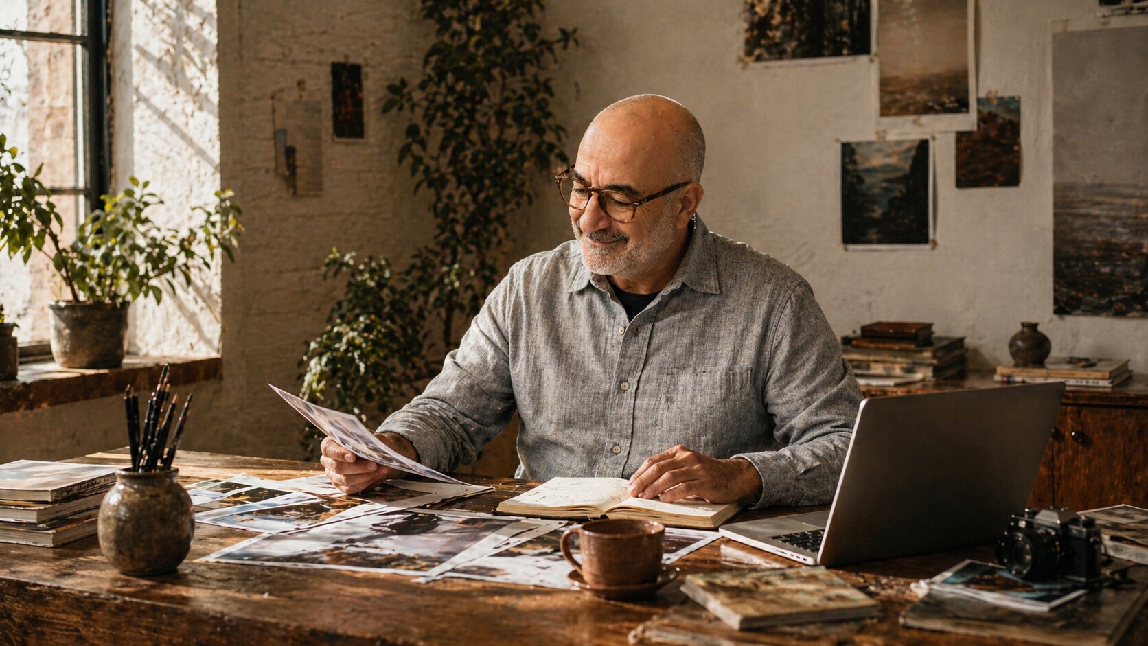Curator at a wooden desk reviewing printed photographs and notes — a relationship-driven, AI-supported workspace