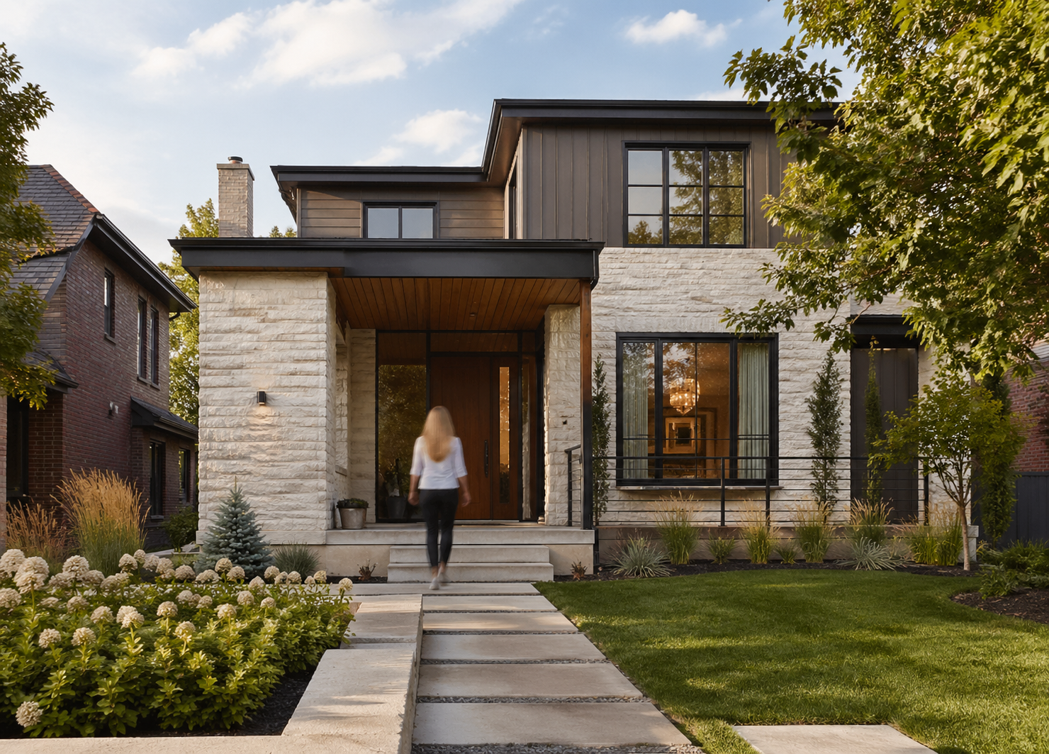 Modern stone-front home exterior