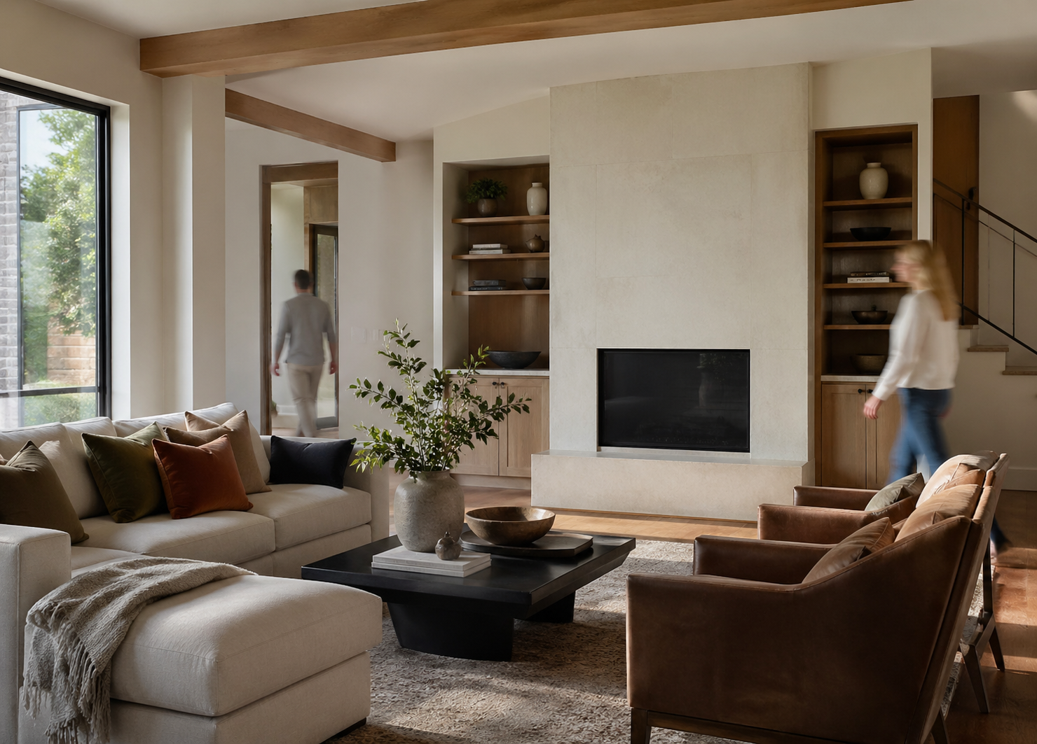 Living room with fireplace and built-ins