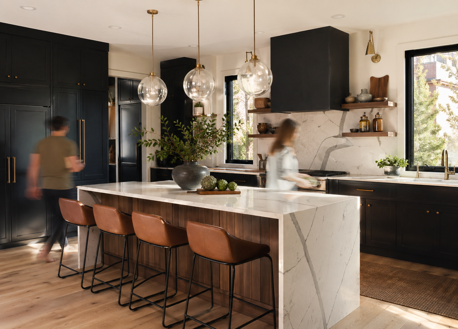 Kitchen with marble waterfall island