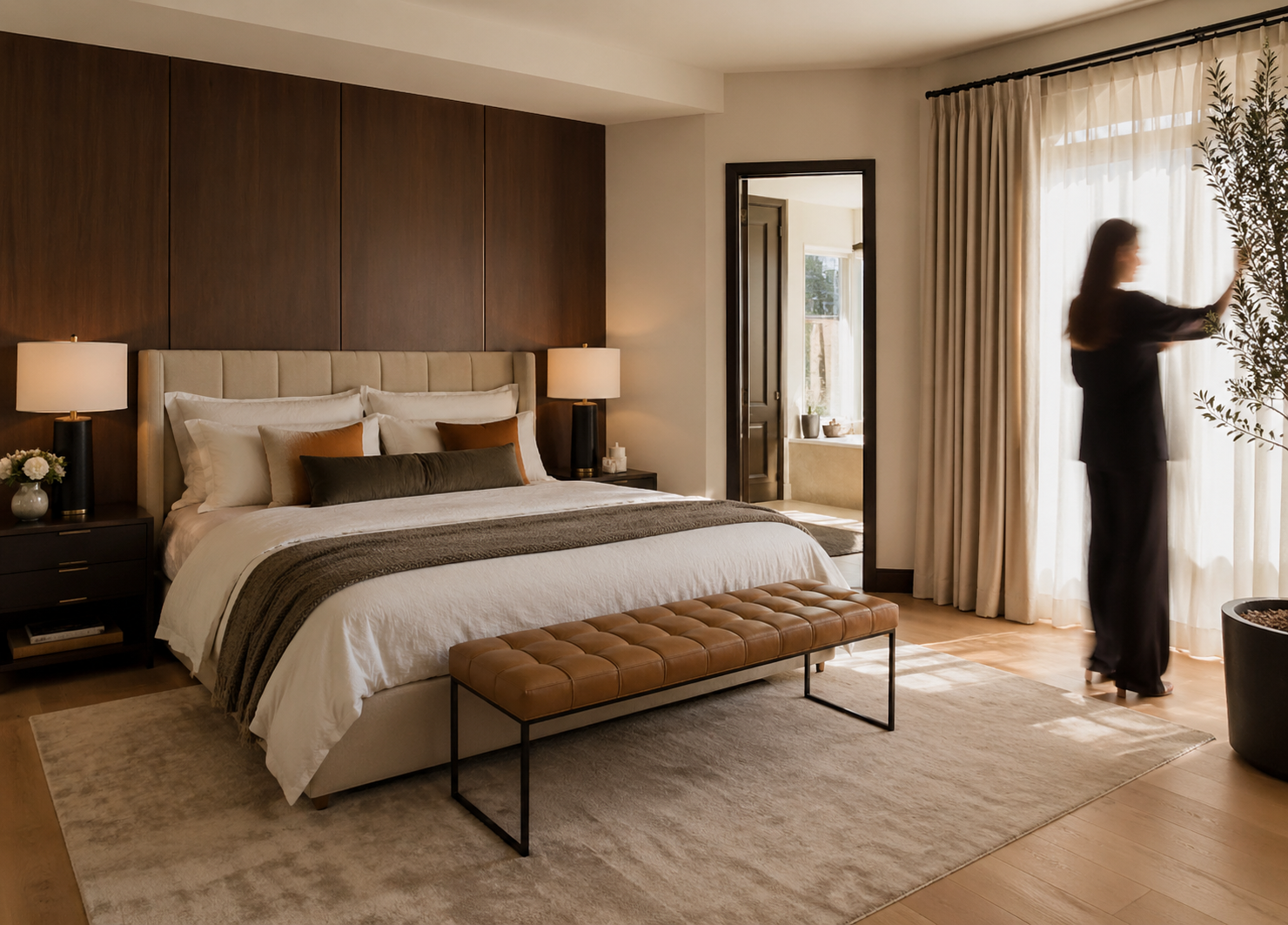 Master bedroom with leather bench