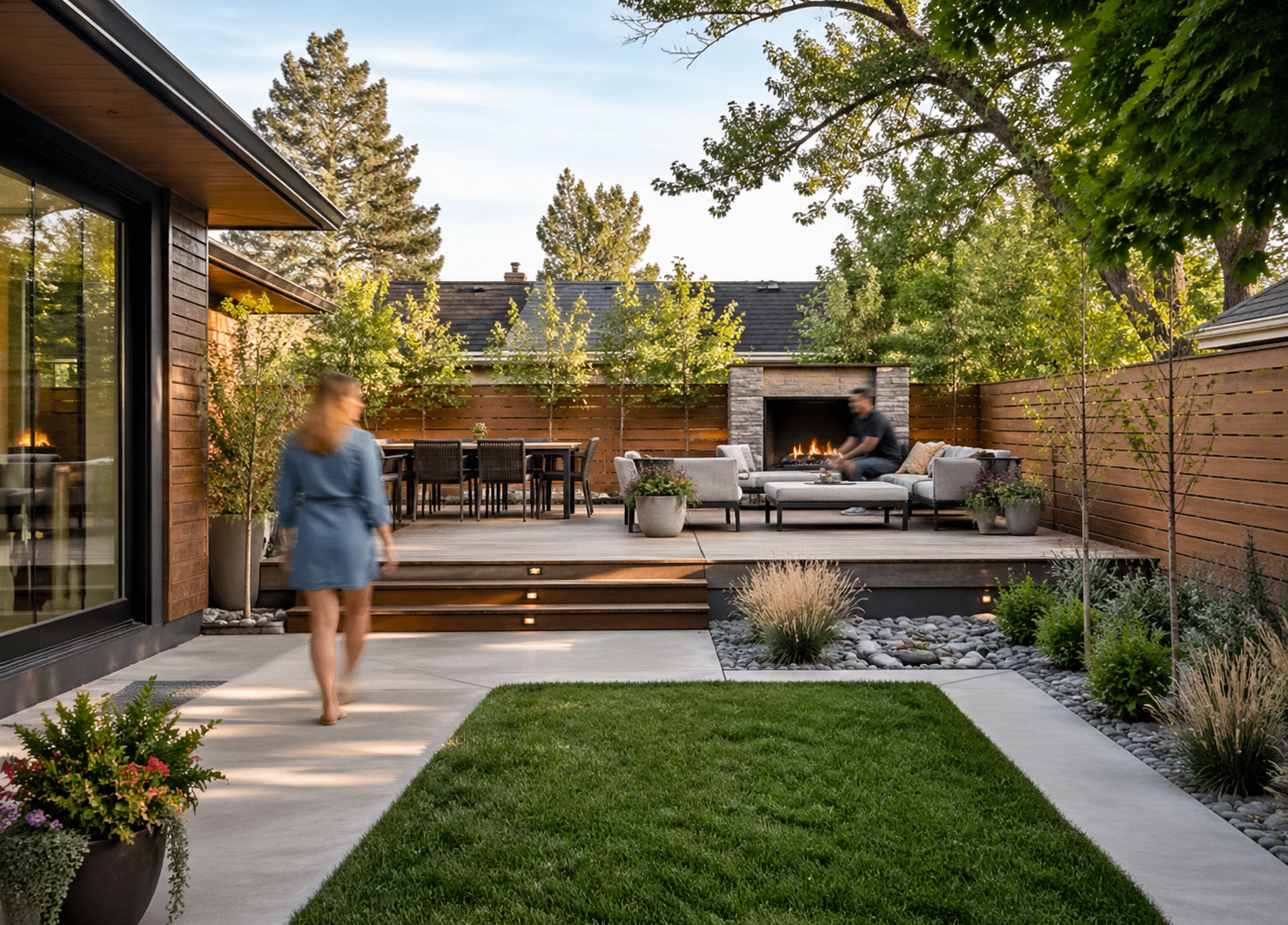 Backyard deck with stone fireplace